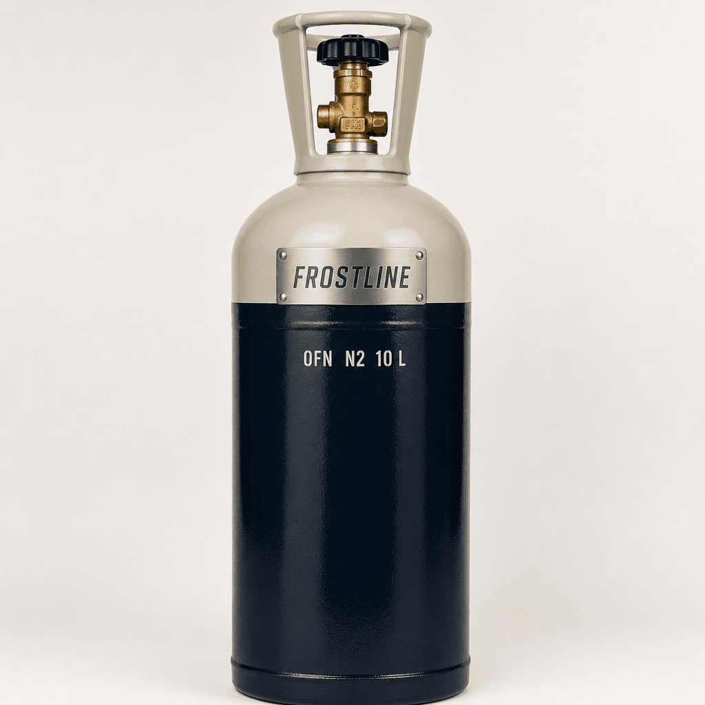 Frostline oxygen-free nitrogen 10 L cylinder with Frostline stamped on the oat shoulder