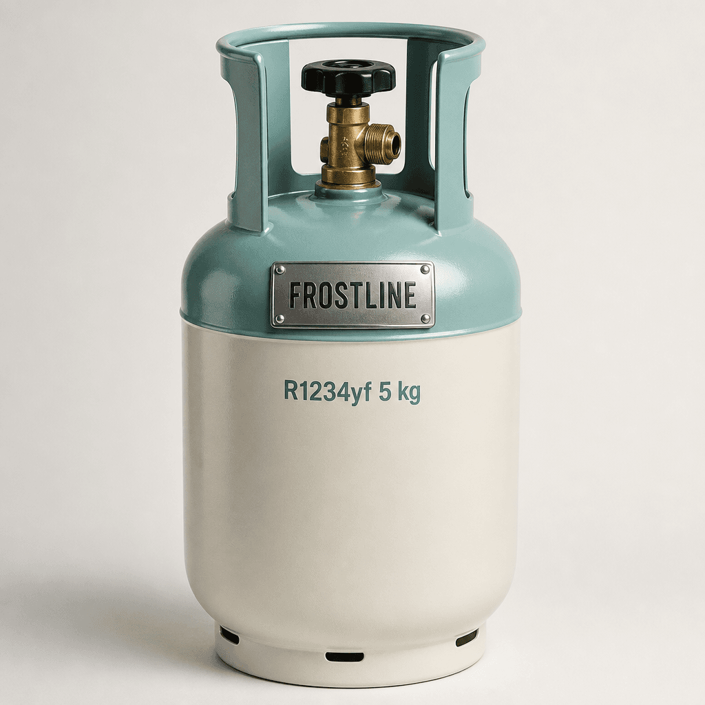 Frostline R1234yf refrigerant 5 kg cylinder with Frostline stamped on the frost-teal shoulder