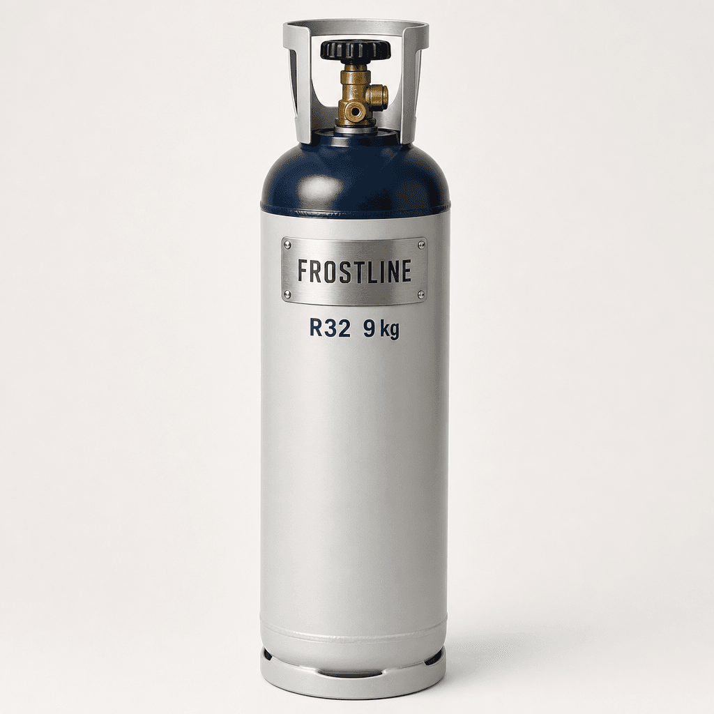 Frostline R32 refrigerant 9 kg cylinder with Frostline stamped on the navy shoulder