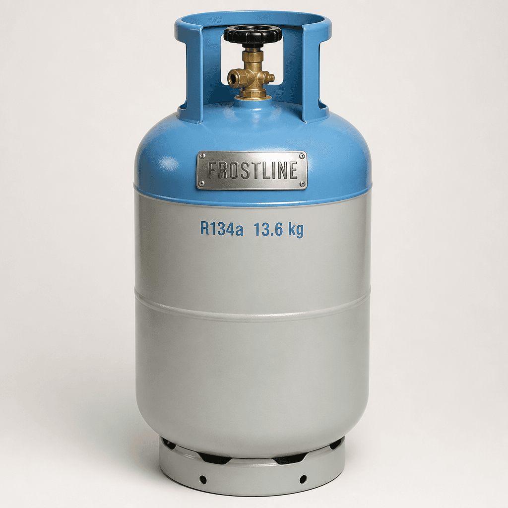 Frostline R134a refrigerant 13.6 kg cylinder with Frostline stamped on the sky-blue shoulder